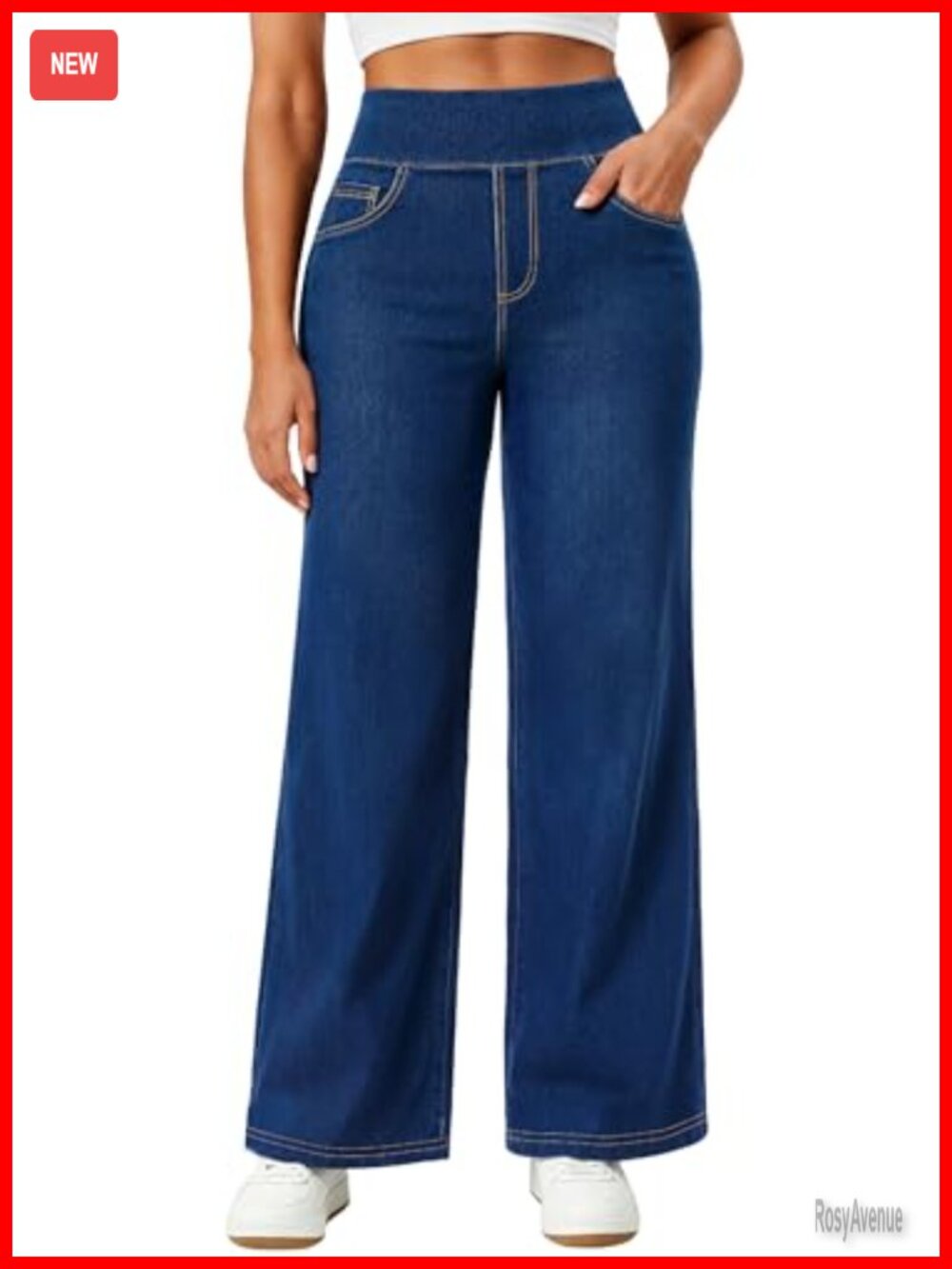 Wide Leg Stretchy Pull On High Waist Jeans Tummy Control Pockets